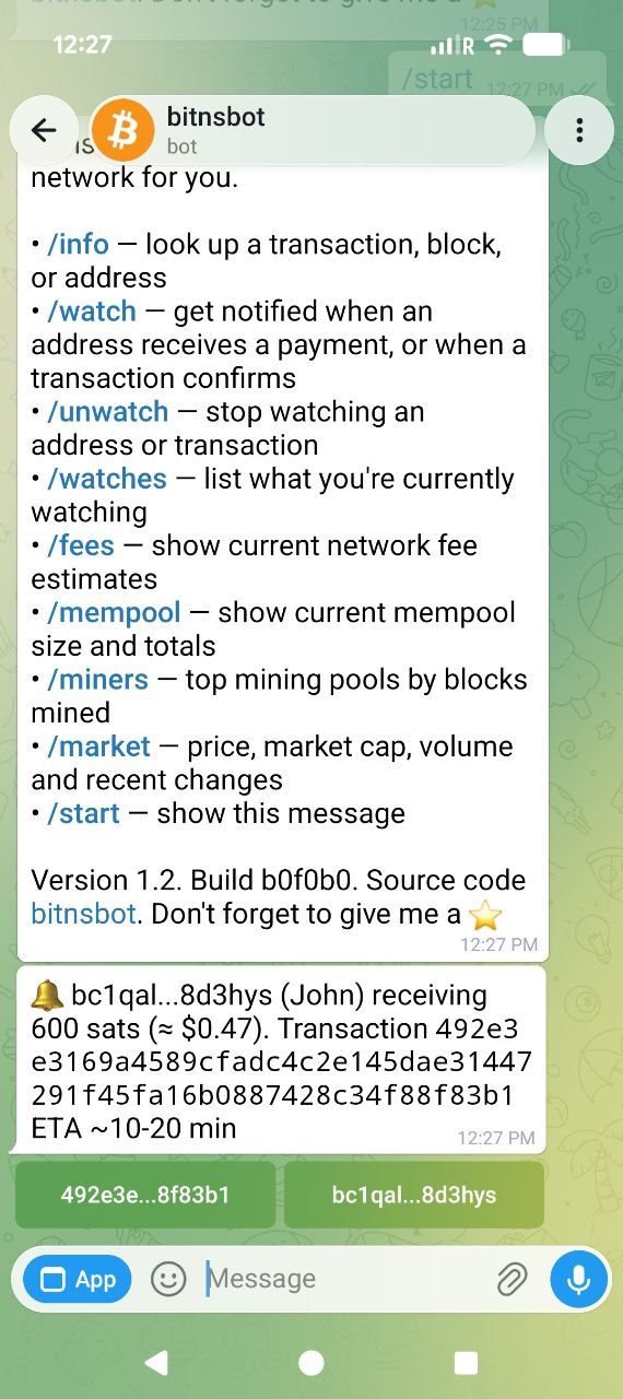 The bot's commands and an address notification